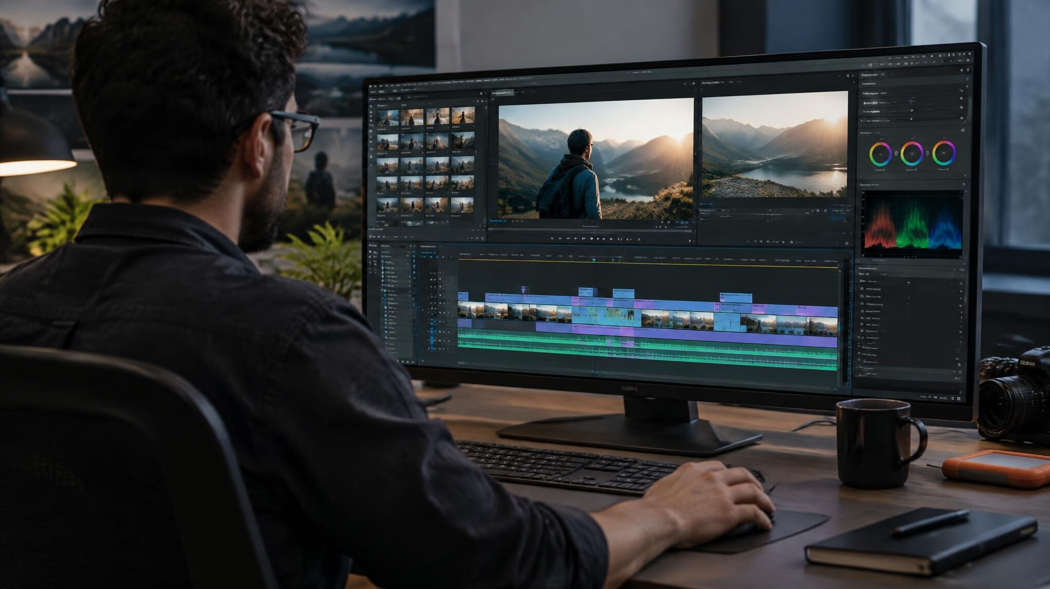 video editor working on computer