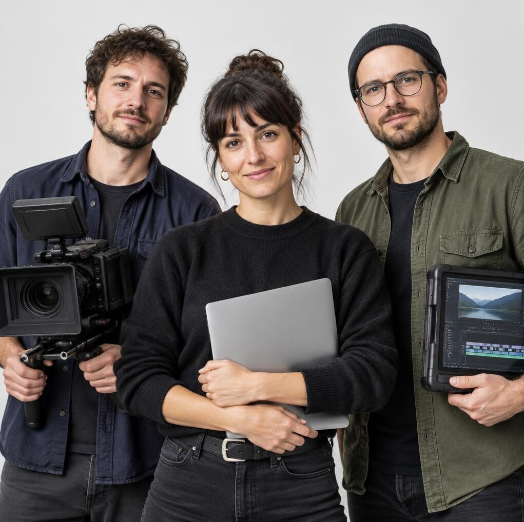 Team of three Swiss video editors and filmmakers standing together in a studio