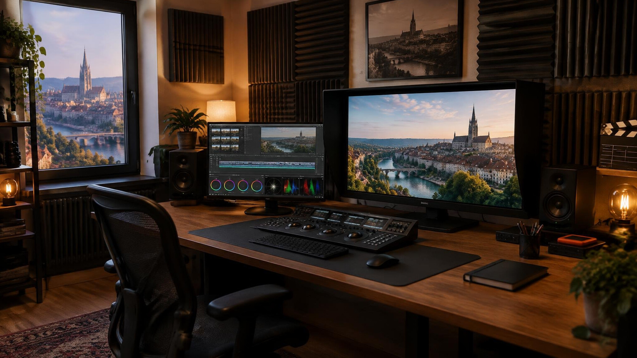 Interior of a small independent video editing studio with acoustic panels and a colour grading monitor