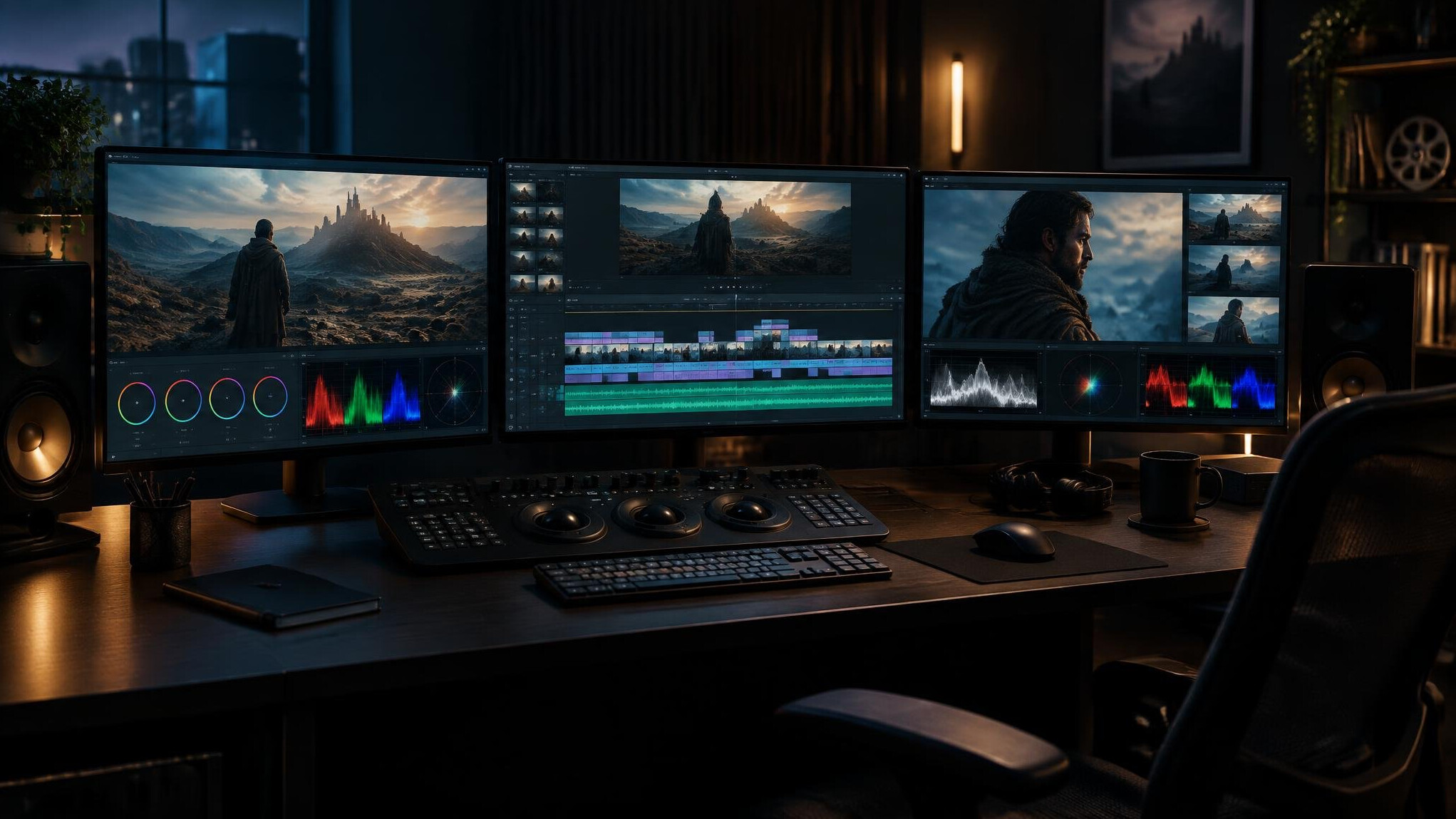 Video editing workstation with multiple monitors showing colour graded footage